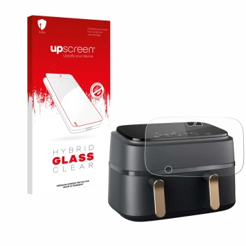 Parte frontal de un envase de producto con el logotipo de la marca upscreen. Al lado se muestra el dispositivo Philips Airfrye