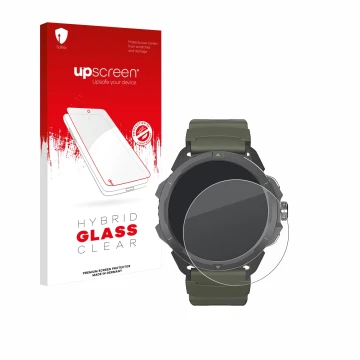 Parte frontal de un envase de producto con el logotipo de la marca upscreen. Al lado se muestra el dispositivo Hammer Watch 2 