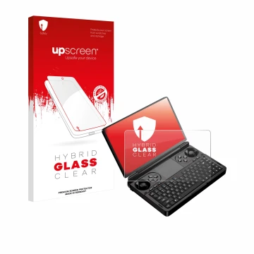Parte frontal de un envase de producto con el logotipo de la marca upscreen. Al lado se muestra el dispositivo GPD Win Mini (2