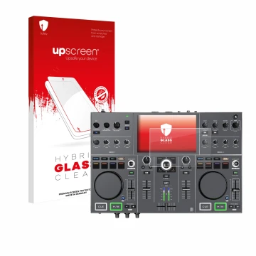 Parte frontal de un envase de producto con el logotipo de la marca upscreen. Al lado se muestra el dispositivo Denon DJ Prime 