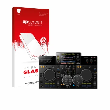 Parte frontal de un envase de producto con el logotipo de la marca upscreen. Al lado se muestra el dispositivo Pioneer XDJ -RR