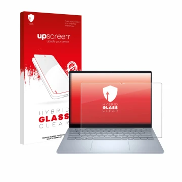 Parte frontal de un envase de producto con el logotipo de la marca upscreen. Al lado se muestra el dispositivo Dell 14 Plus 2-