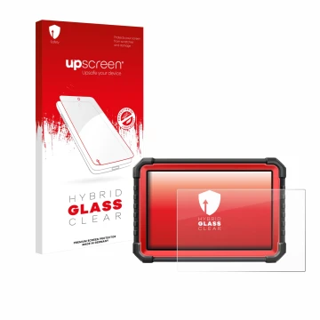 Parte frontal de un envase de producto con el logotipo de la marca upscreen. Al lado se muestra el dispositivo Launch X-431 PR