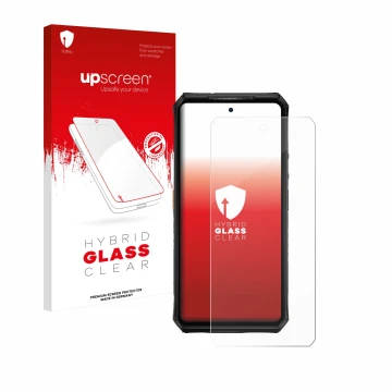 Parte frontal de un envase de producto con el logotipo de la marca upscreen. Al lado se muestra el dispositivo Ulefone Armor 2