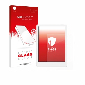 Parte frontal de un envase de producto con el logotipo de la marca upscreen. Al lado se muestra el dispositivo Meebook M8 7.8