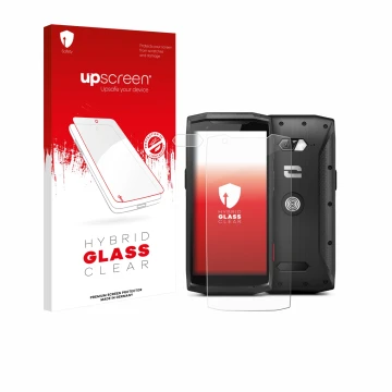 Parte frontal de un envase de producto con el logotipo de la marca upscreen. Al lado se muestra el dispositivo Crosscall Core-