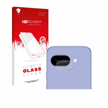Parte frontal de un envase de producto con el logotipo de la marca upscreen. Al lado se muestra el dispositivo Google Pixel 9a