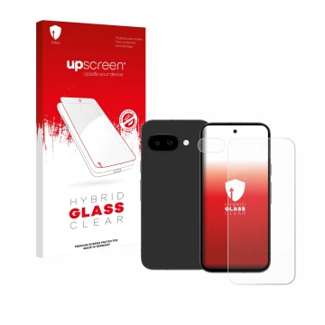 Parte frontal de un envase de producto con el logotipo de la marca upscreen. Al lado se muestra el dispositivo Google Pixel 9a