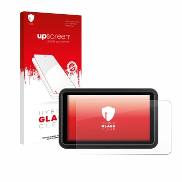 Parte frontal de un envase de producto con el logotipo de la marca upscreen. Al lado se muestra el dispositivo Atomos Shinobi 