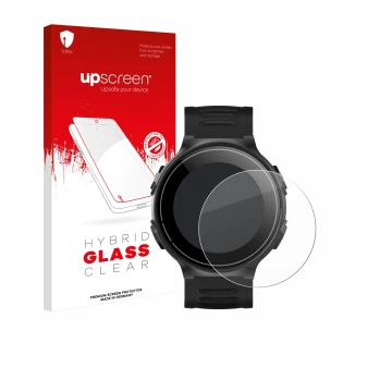 Parte frontal de un envase de producto con el logotipo de la marca upscreen. Al lado se muestra el dispositivo Kiprun GPS 500 