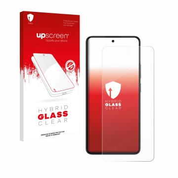 Parte frontal de un envase de producto con el logotipo de la marca upscreen. Al lado se muestra el dispositivo realme 14T con 