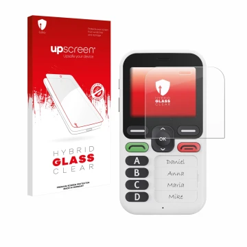 Parte frontal de un envase de producto con el logotipo de la marca upscreen. Al lado se muestra el dispositivo Doro Leva X10 c