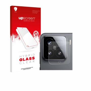 Parte frontal de un envase de producto con el logotipo de la marca upscreen. Al lado se muestra el dispositivo Xiaomi 15 (SÓLO