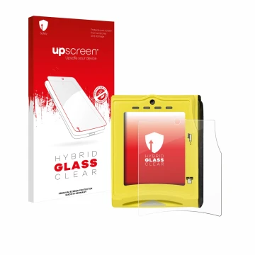 Parte frontal de un envase de producto con el logotipo de la marca upscreen. Al lado se muestra el dispositivo Nayax VPOS TOUC