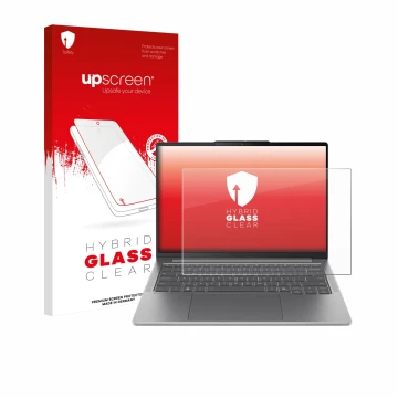 Parte frontal de un envase de producto con el logotipo de la marca upscreen. Al lado se muestra el dispositivo Lenovo IdeaPad 