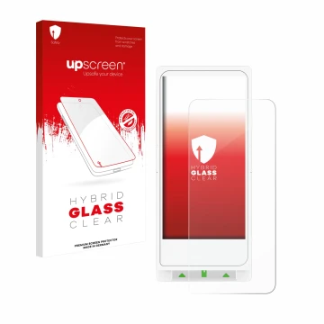 Parte frontal de un envase de producto con el logotipo de la marca upscreen. Al lado se muestra el dispositivo Clover Flex con