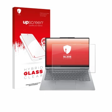 Parte frontal de un envase de producto con el logotipo de la marca upscreen. Al lado se muestra el dispositivo Lenovo ThinkBoo