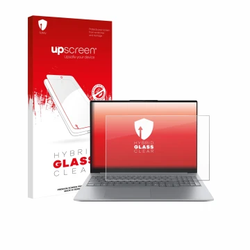 Parte frontal de un envase de producto con el logotipo de la marca upscreen. Al lado se muestra el dispositivo Lenovo ThinkBoo