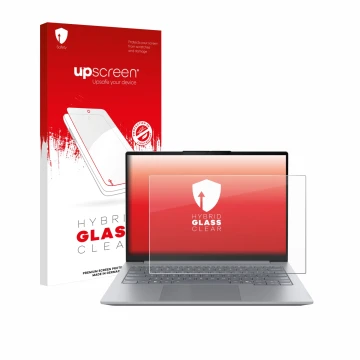 Parte frontal de un envase de producto con el logotipo de la marca upscreen. Al lado se muestra el dispositivo Lenovo ThinkBoo