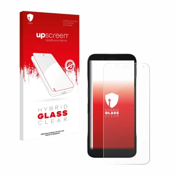 Parte frontal de un envase de producto con el logotipo de la marca upscreen. Al lado se muestra el dispositivo Datalogic Memor