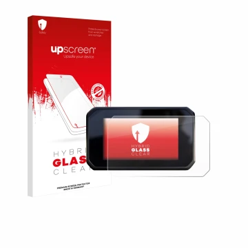 Parte frontal de un envase de producto con el logotipo de la marca upscreen. Al lado se muestra el dispositivo Honda CBR650R 2