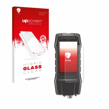 Parte frontal de un envase de producto con el logotipo de la marca upscreen. Al lado se muestra el dispositivo Testo 300 con s