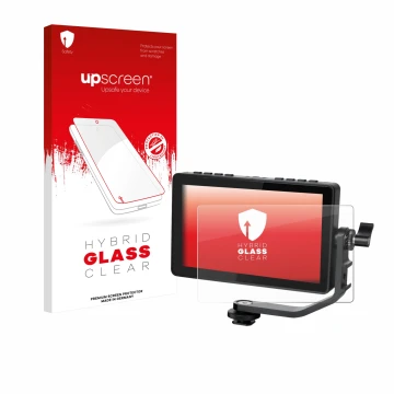 Parte frontal de un envase de producto con el logotipo de la marca upscreen. Al lado se muestra el dispositivo Feelworld F5 PR