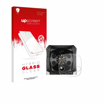 Parte frontal de un envase de producto con el logotipo de la marca upscreen. Al lado se muestra el dispositivo Ulefone Armor 2