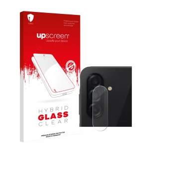 Parte frontal de un envase de producto con el logotipo de la marca upscreen. Al lado se muestra el dispositivo Samsung Galaxy 