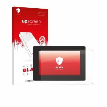 Parte frontal de un envase de producto con el logotipo de la marca upscreen. Al lado se muestra el dispositivo Tesla Model Y J