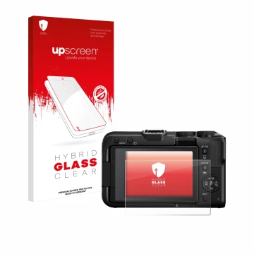 Parte frontal de un envase de producto con el logotipo de la marca upscreen. Al lado se muestra el dispositivo Canon EOS R50 V