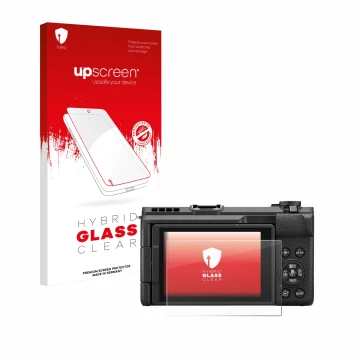 Parte frontal de un envase de producto con el logotipo de la marca upscreen. Al lado se muestra el dispositivo Canon PowerShot