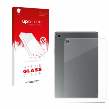 Parte frontal de un envase de producto con el logotipo de la marca upscreen. Al lado se muestra el dispositivo Samsung Galaxy 