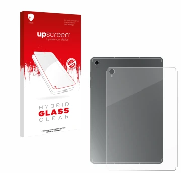 Parte frontal de un envase de producto con el logotipo de la marca upscreen. Al lado se muestra el dispositivo Samsung Galaxy 