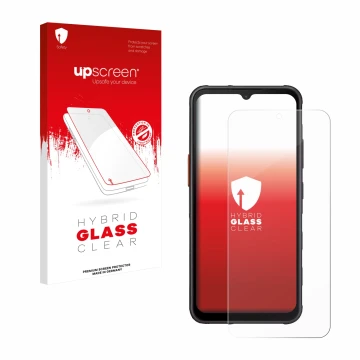 Parte frontal de un envase de producto con el logotipo de la marca upscreen. Al lado se muestra el dispositivo Samsung Galaxy 