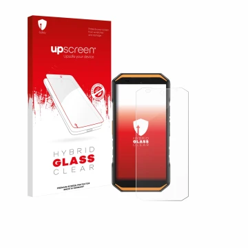 Parte frontal de un envase de producto con el logotipo de la marca upscreen. Al lado se muestra el dispositivo Ulefone Armor X