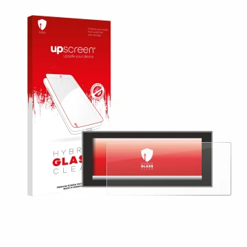 Parte frontal de un envase de producto con el logotipo de la marca upscreen. Al lado se muestra el dispositivo Land Rover Defe