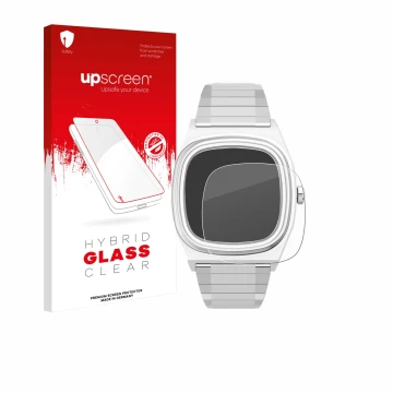 Parte frontal de un envase de producto con el logotipo de la marca upscreen. Al lado se muestra el dispositivo Timex Reissue 1