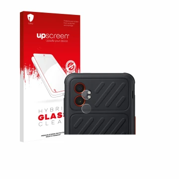 Parte frontal de un envase de producto con el logotipo de la marca upscreen. Al lado se muestra el dispositivo Samsung Galaxy 