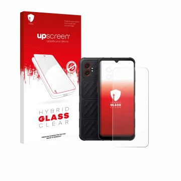 Parte frontal de un envase de producto con el logotipo de la marca upscreen. Al lado se muestra el dispositivo Samsung Galaxy 