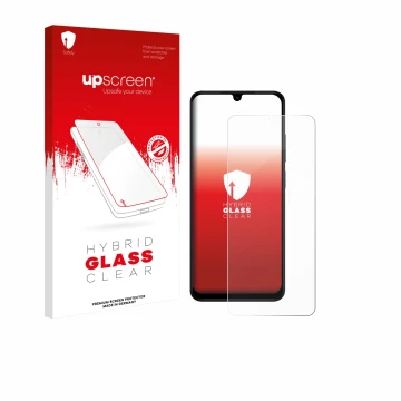 Parte frontal de un envase de producto con el logotipo de la marca upscreen. Al lado se muestra el dispositivo Xiaomi Redmi A5