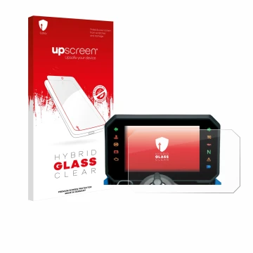 Parte frontal de un envase de producto con el logotipo de la marca upscreen. Al lado se muestra el dispositivo Suzuki GSX-8S 2