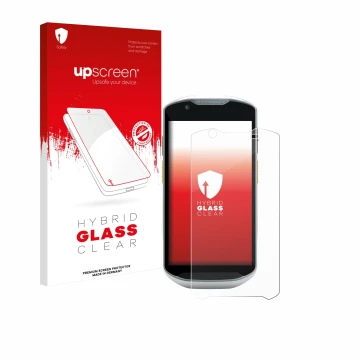 Parte frontal de un envase de producto con el logotipo de la marca upscreen. Al lado se muestra el dispositivo Zebra TC52x-HC 