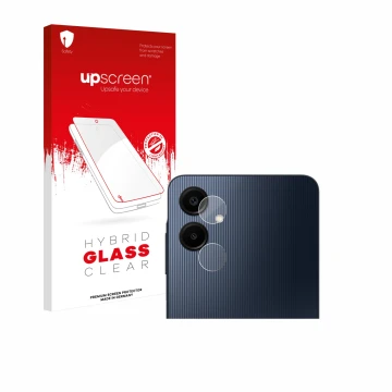Parte frontal de un envase de producto con el logotipo de la marca upscreen. Al lado se muestra el dispositivo Samsung Galaxy 