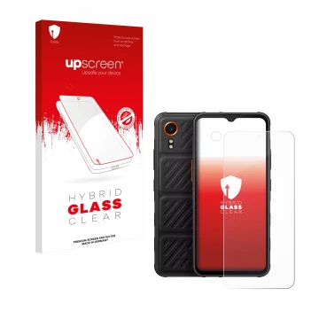Parte frontal de un envase de producto con el logotipo de la marca upscreen. Al lado se muestra el dispositivo Samsung Galaxy 