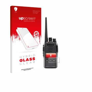 Parte frontal de un envase de producto con el logotipo de la marca upscreen. Al lado se muestra el dispositivo Midland G18 Pro
