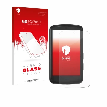 Parte frontal de un envase de producto con el logotipo de la marca upscreen. Al lado se muestra el dispositivo Bryton Rider S8