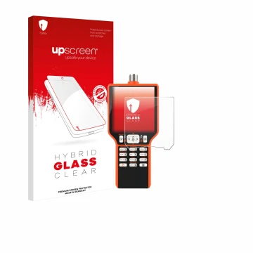 Parte frontal de un envase de producto con el logotipo de la marca upscreen. Al lado se muestra el dispositivo RigExpert MATCH