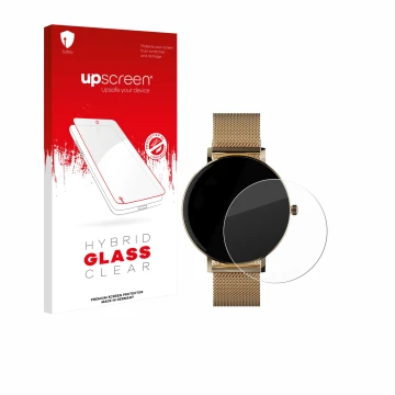 Parte frontal de un envase de producto con el logotipo de la marca upscreen. Al lado se muestra el dispositivo ZenWatch Venice