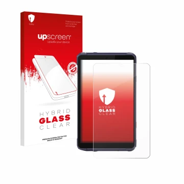 Parte frontal de un envase de producto con el logotipo de la marca upscreen. Al lado se muestra el dispositivo CHCNAV LT800 co
